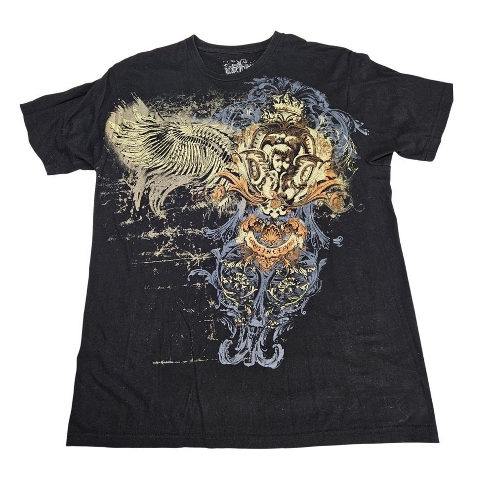 OTB Mens Black Graphic T-Shirt Large Y2K Angel Wings Cherub Made in USA Tee